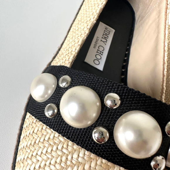 Jimmy Choo Dru Espadrilles Raffia Flats with Pearls in Natural/Black Size 37 - Picture 13 of 16